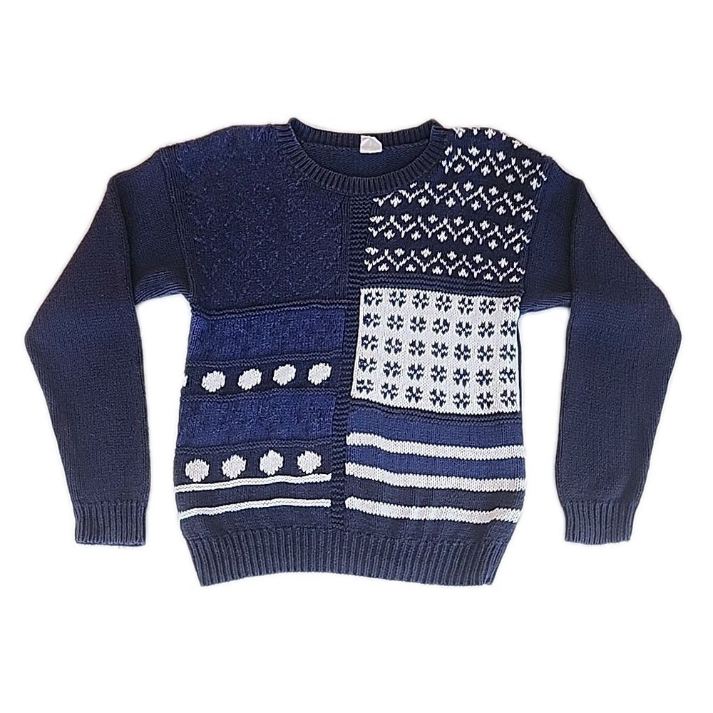 Womens Chunky Fair Isle Patchwork Pullover Sweater‎ M Blue White Coastal Grandma